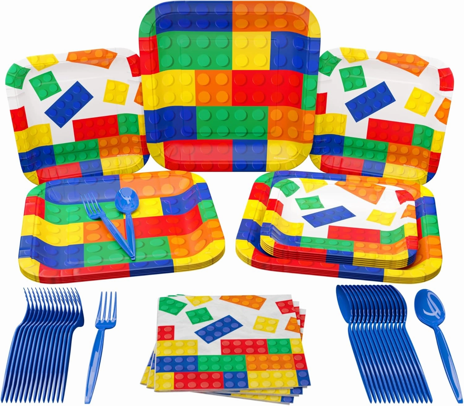 Brick Party Supplies Packs (100 Pieces for 16 Guests) - Building Block Party Supplies, Gamer Birthday Decorations, Gamer Party Supplies , Blocks Party Decor, Brick Birthday, Blue Orchards