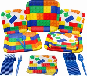 Brick Party Supplies Packs (100 Pieces for 16 Guests) - Building Block Party Supplies, Gamer Birthday Decorations, Gamer Party Supplies , Blocks Party Decor, Brick Birthday, Blue Orchards