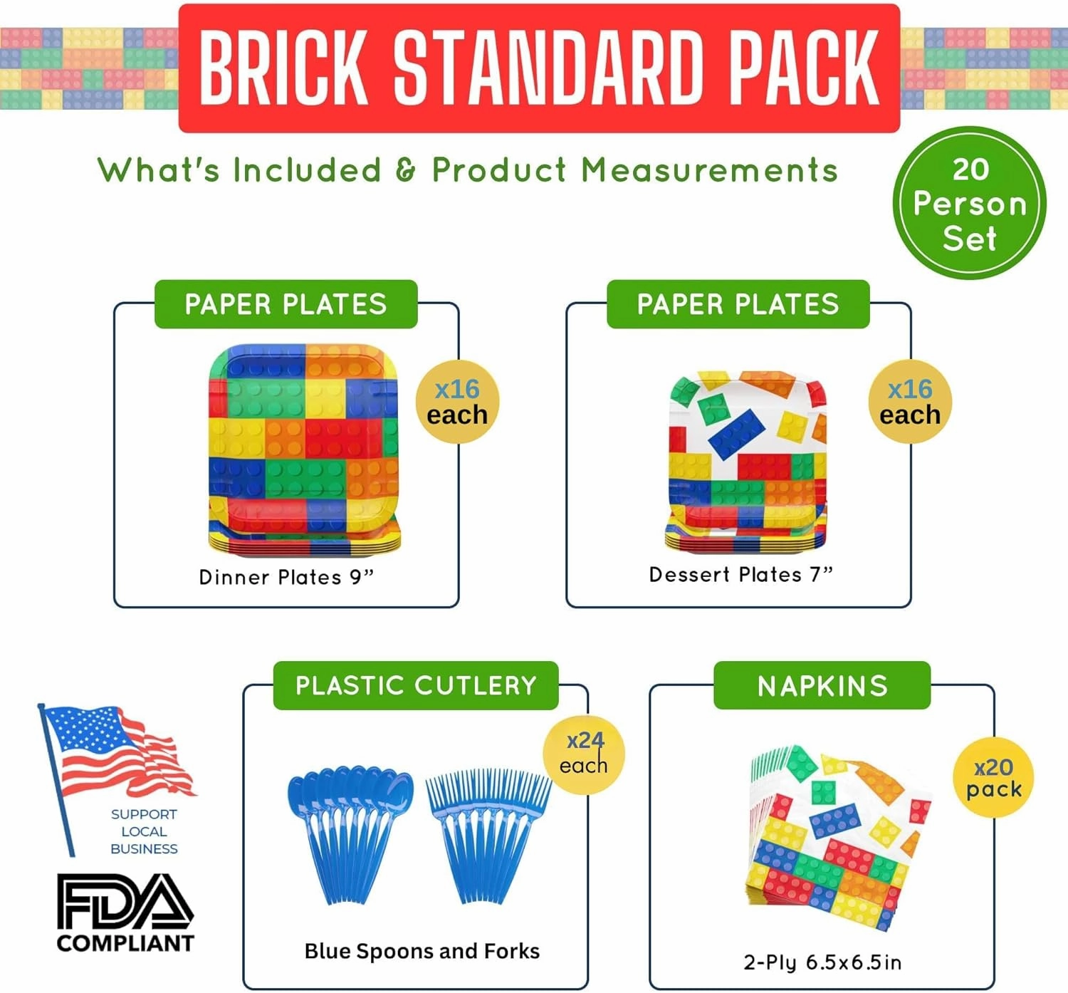 Brick Party Supplies Packs (100 Pieces for 16 Guests) - Building Block Party Supplies, Gamer Birthday Decorations, Gamer Party Supplies , Blocks Party Decor, Brick Birthday, Blue Orchards