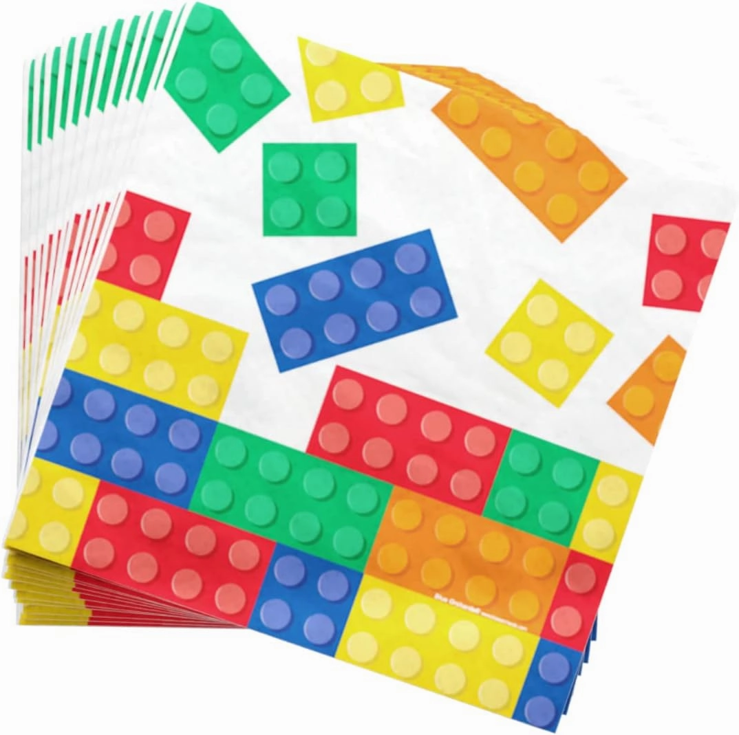 Brick Party Supplies Packs (100 Pieces for 16 Guests) - Building Block Party Supplies, Gamer Birthday Decorations, Gamer Party Supplies , Blocks Party Decor, Brick Birthday, Blue Orchards