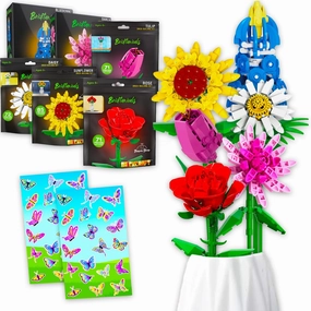 Brickcraft Flower Bouquet Bundle - Spring Floral Arrangement Brick Building Artificial Flowers DIY Dahlia, Sunflower, Rose, Daisy, Tulip, Bluebonnet Plus Stickers | Bricktanicles Botanical Collection