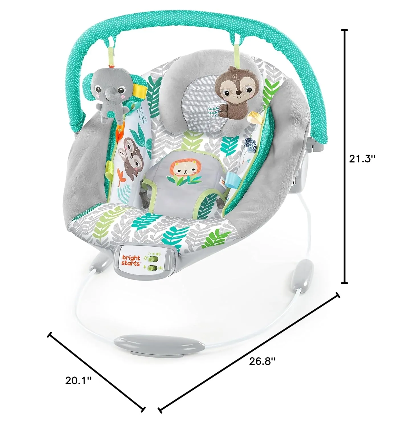 Bright Starts Comfy Baby Bouncer Soothing Vibrations Infant Seat - Taggies, Music, Removable Toy-Bar, 0-6 Months Up to 20 lbs (Jungle Vines)