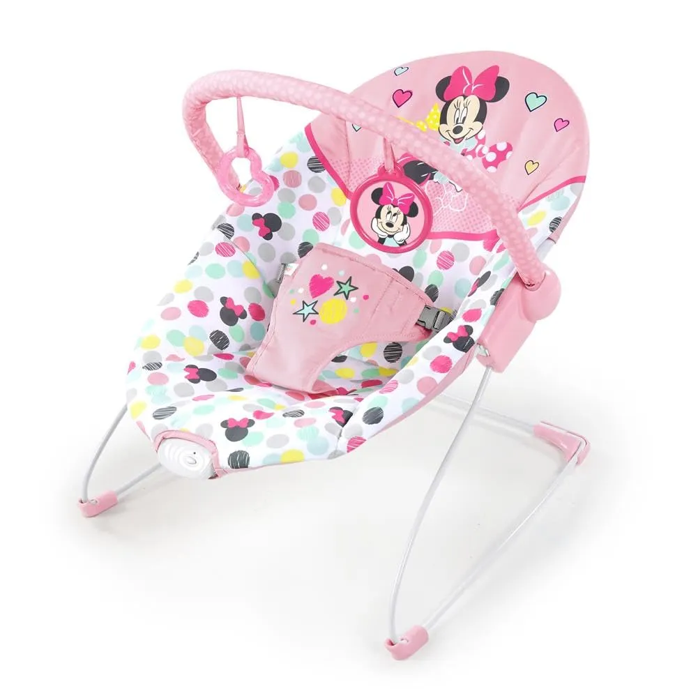 Bright Starts Disney Baby Minnie Mouse Baby Bouncer Soothing Vibrations Plush Infant Seat - Removable Toy Bar, Nonslip Feet, 0-6 Months Up to 20 lbs (Spotty Dotty)