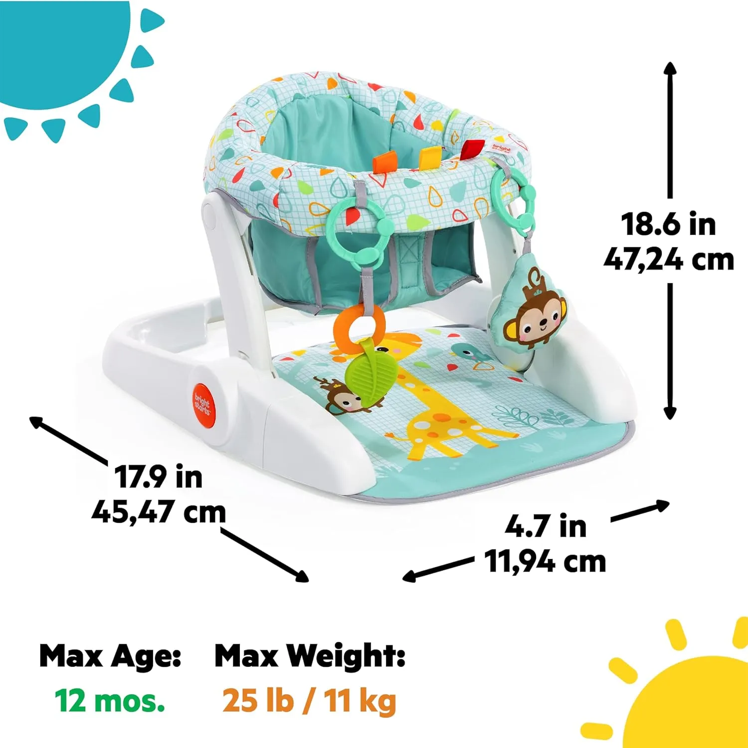 Bright Starts Learn-to-Sit 2-Position Baby Floor Seat with Toys, Unisex, 4-12 Months, Wild Wiggles