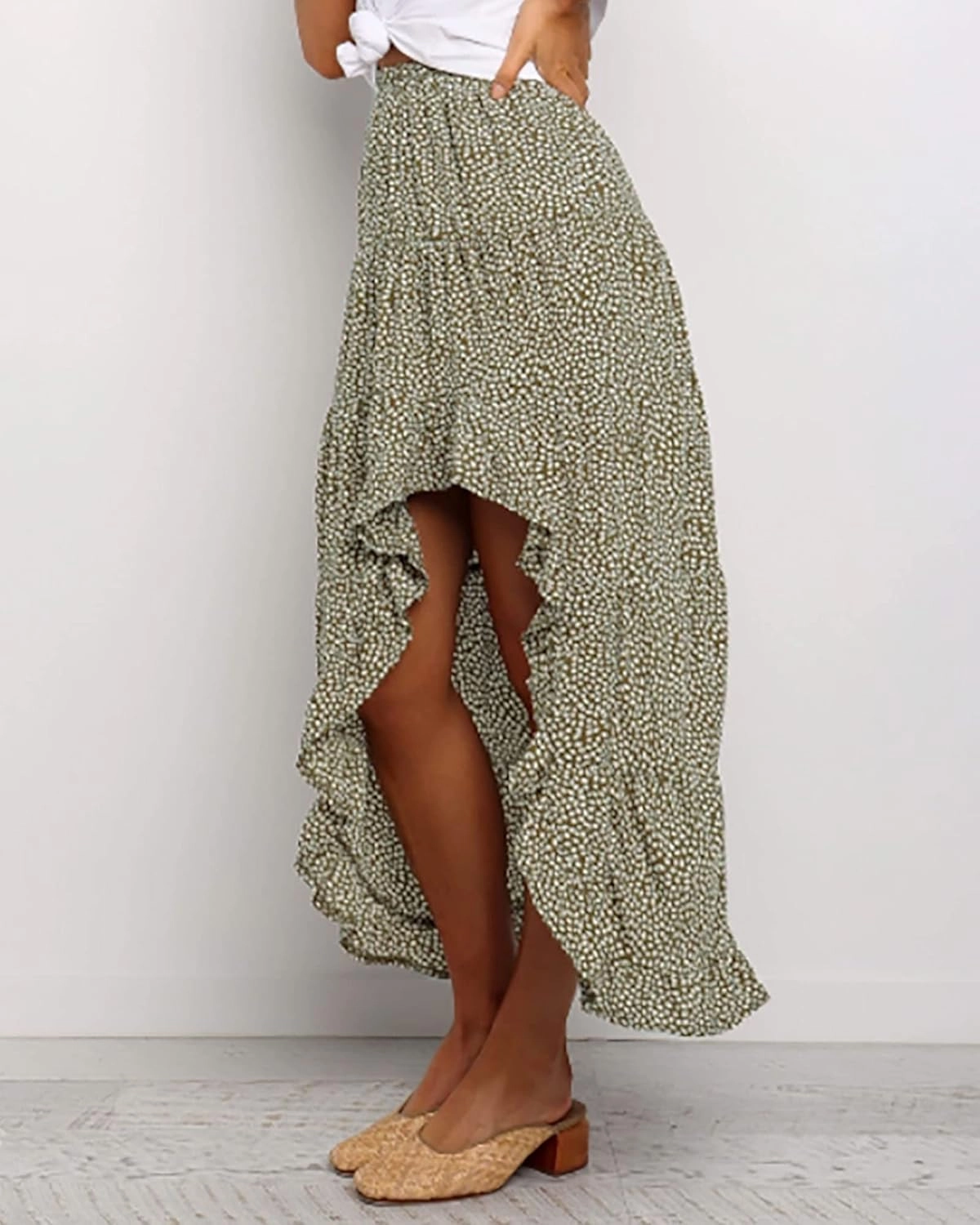 BTFBM Women 2025 Summer Spring Boho Long Skirts Dress Floral Print Elastic Waist Split Ruffle High Low Beach Maxi Skirt