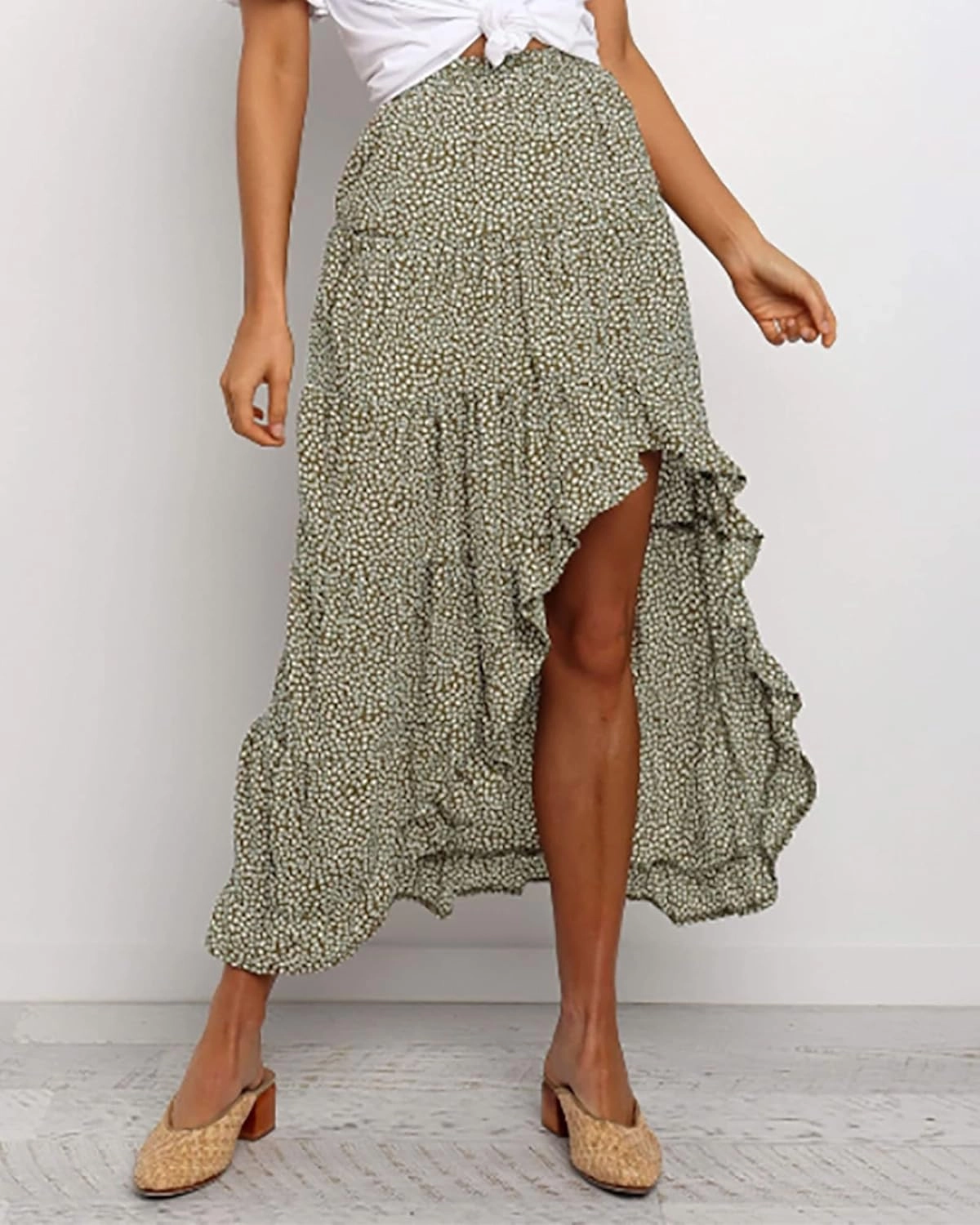 BTFBM Women 2025 Summer Spring Boho Long Skirts Dress Floral Print Elastic Waist Split Ruffle High Low Beach Maxi Skirt