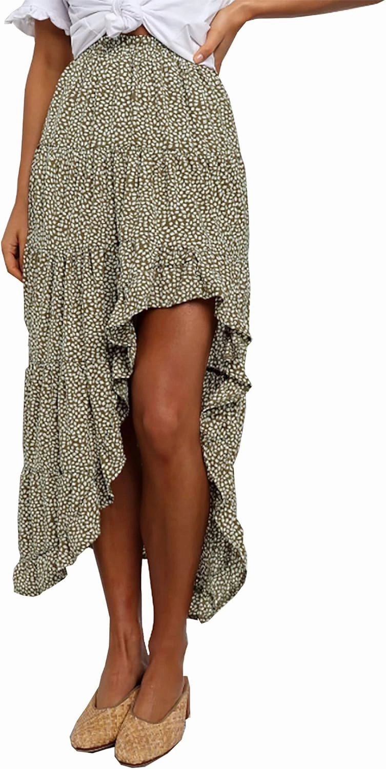 BTFBM Women 2025 Summer Spring Boho Long Skirts Dress Floral Print Elastic Waist Split Ruffle High Low Beach Maxi Skirt