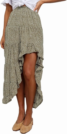 BTFBM Women 2025 Summer Spring Boho Long Skirts Dress Floral Print Elastic Waist Split Ruffle High Low Beach Maxi Skirt