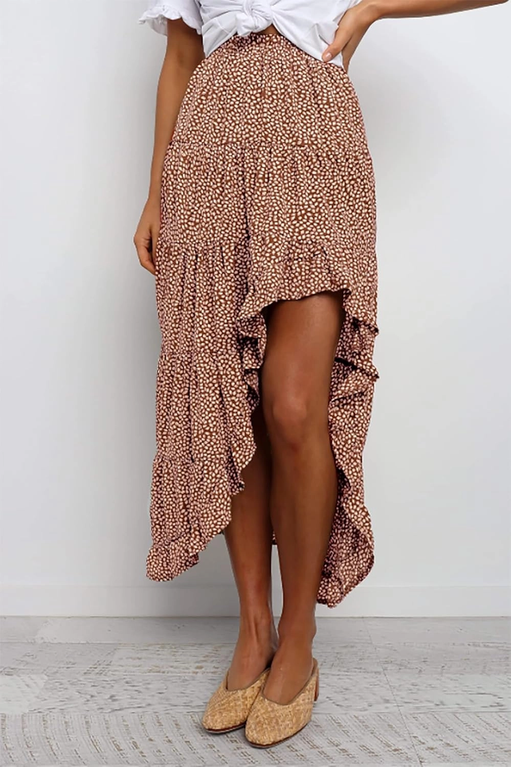 BTFBM Women 2025 Summer Spring Boho Long Skirts Dress Floral Print Elastic Waist Split Ruffle High Low Beach Maxi Skirt