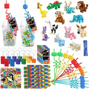 Building Block Birthday Party Favors, 115 Pcs Building Blocks Party Favors, Including Animal Building Blocks, Cups,Keychain, Straw, Stickers, Slap Bracelets