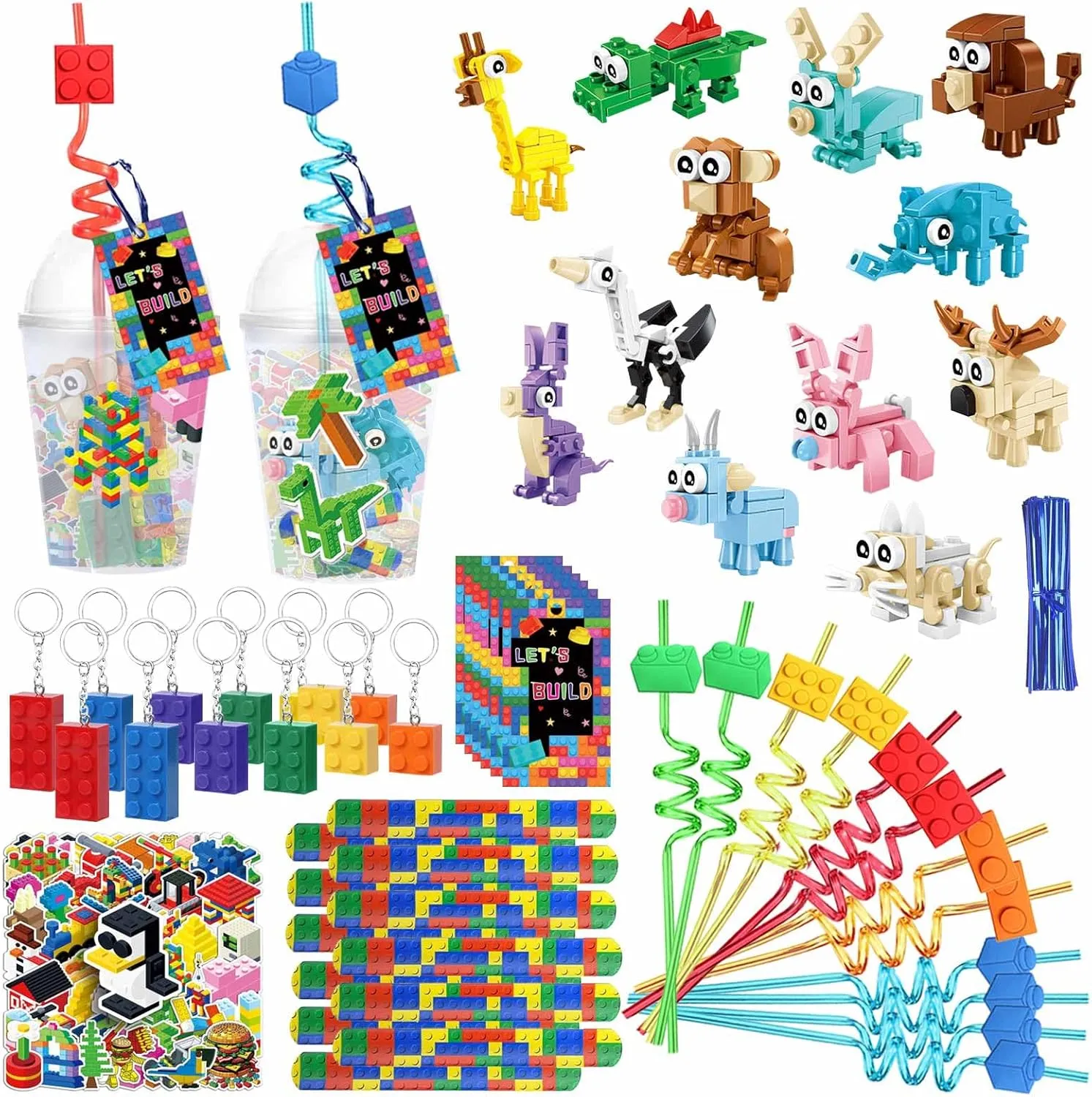 Building Block Birthday Party Favors, 115 Pcs Building Blocks Party Favors, Including Animal Building Blocks, Cups,Keychain, Straw, Stickers, Slap Bracelets