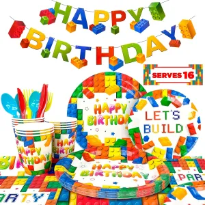 Building Block Party Decorations, 16 Guests Building Block Party Tableware Set, Plates Napkins Cups Tablecloth Banner for Colorful Building Block Birthday Party Decorations