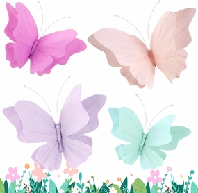 Butterfly Party Decorations, 3D Butterfly Birthday Decorations, 4 Pcs Crepe Paper Hanging Decorations for Girls, Women, Flower Party Decorations for Spring Garden Party, Nursery Decor