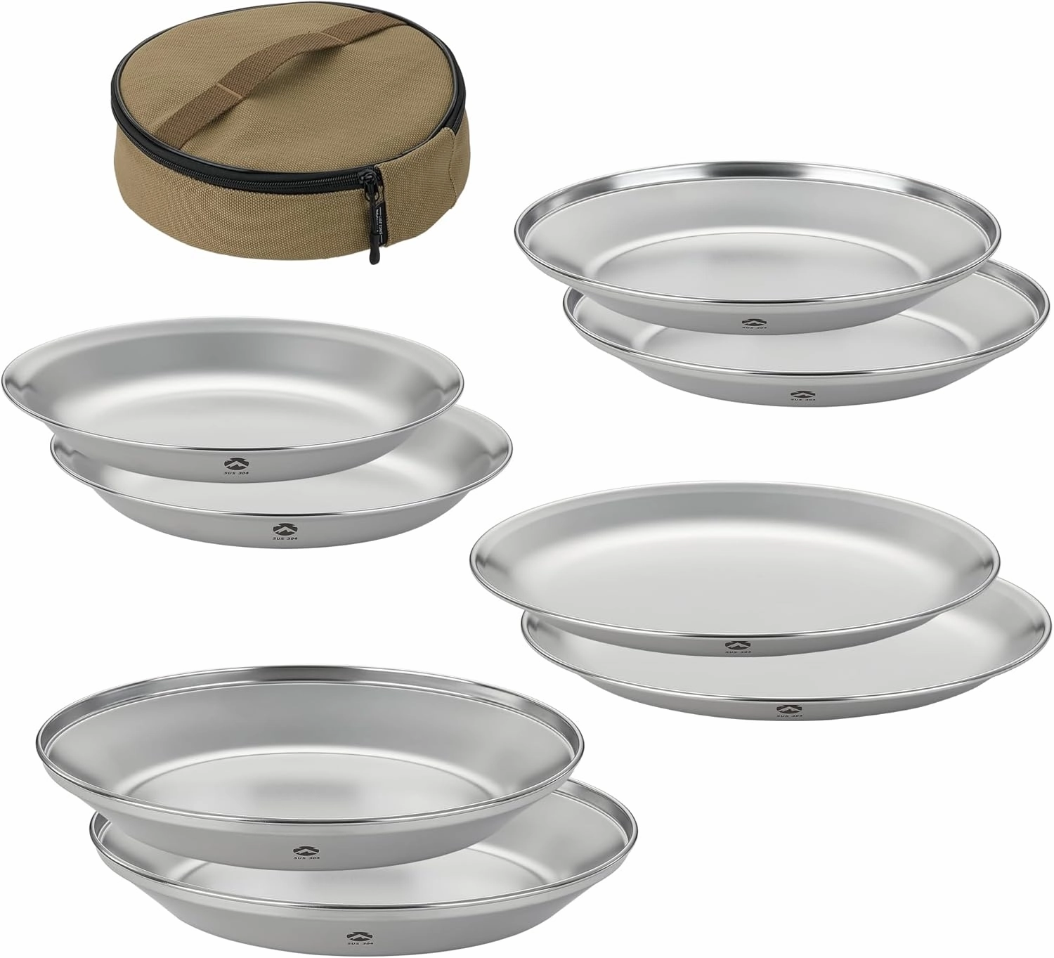 CAMPINGMOON Camping Plates 8pcs set Salad Side Dinner Plate Dishes Outdoor Tableware Stainless Steel with Canvas Case S397-2S