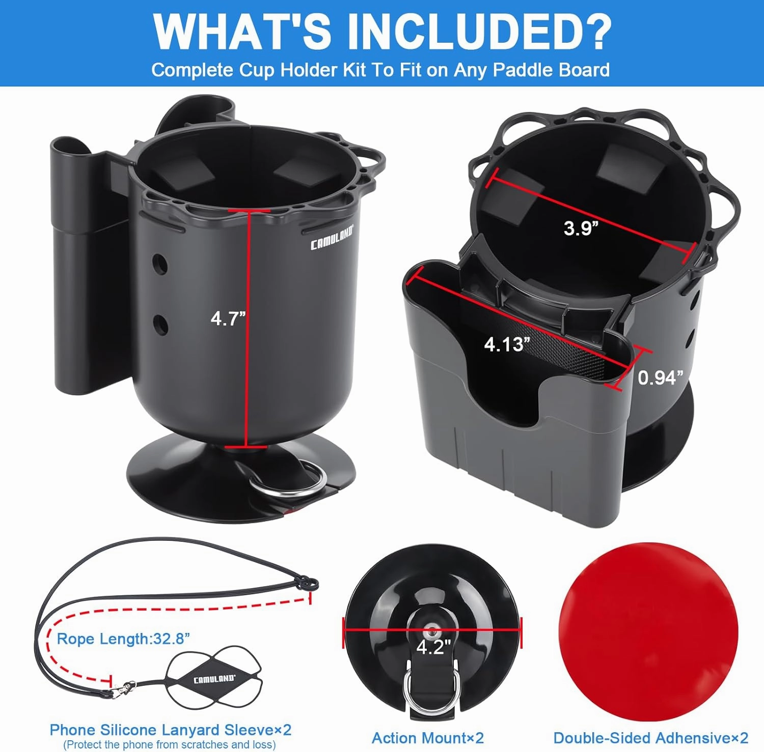 CAMULAND SUP Paddle Board Cup Holder with Rubber Tab, Multi-Functional and Anti-toppling Cup Holder Phone Holder Fishing Tool and Lures Storage, Stand Up Paddle Board Accessories Includes Action Mount