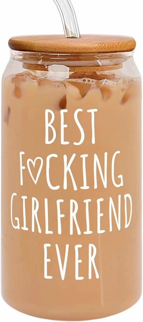 Can Glass - 16oz, Beige, Reusable, BPA Free, Love Themed, Leak Proof, Insulated, Perfect for Girlfriend Gifts: Anniversary, Birthday, Valentine's Day