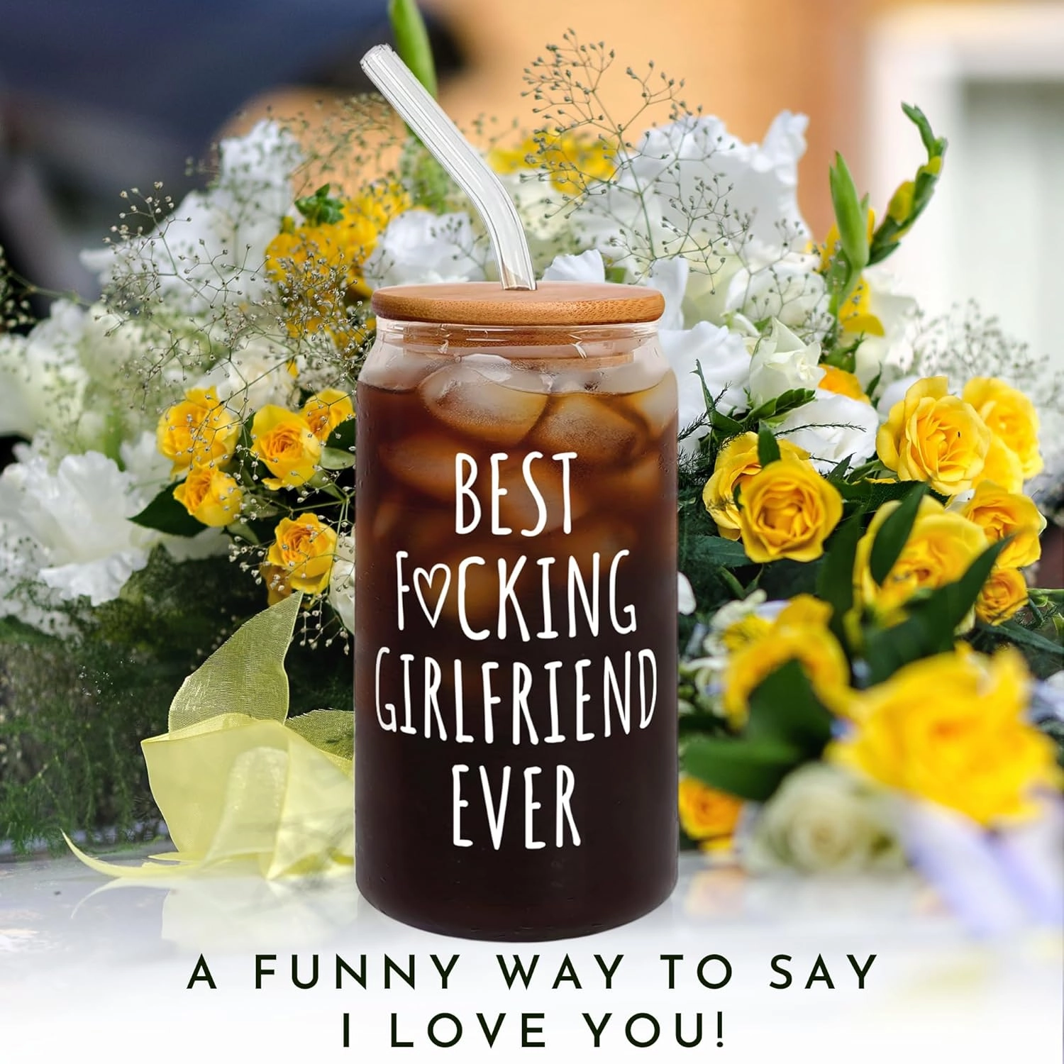 Can Glass - 16oz, Beige, Reusable, BPA Free, Love Themed, Leak Proof, Insulated, Perfect for Girlfriend Gifts: Anniversary, Birthday, Valentine's Day