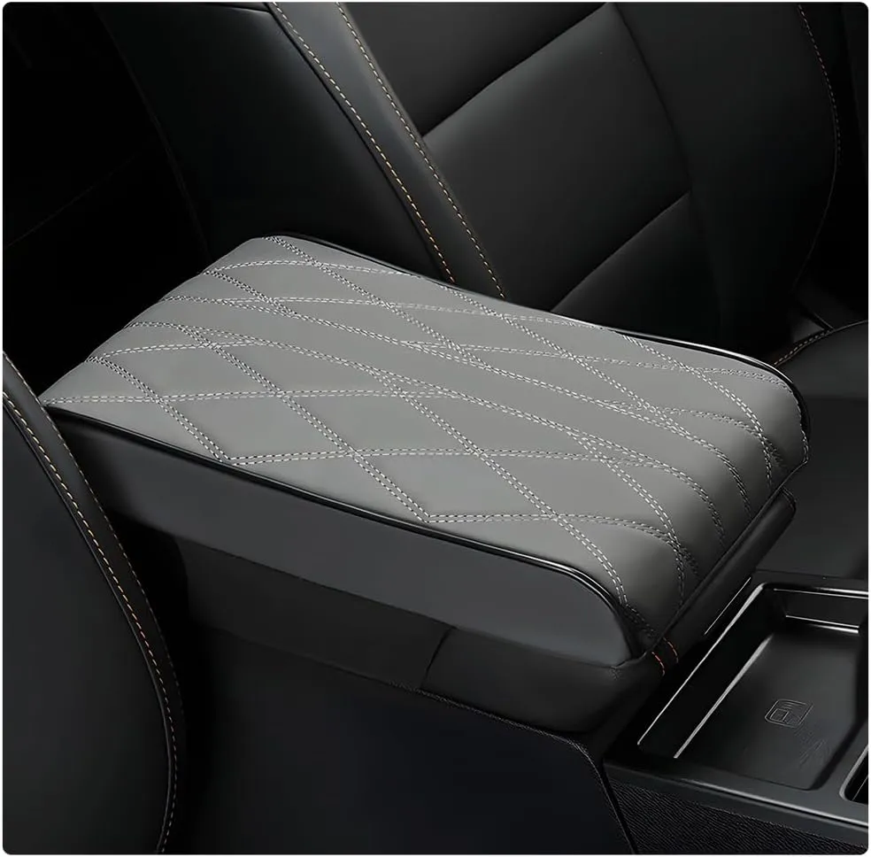 Car Center Console Box Booster Pad, 12.4"×8.5" Leather Memory Foam Console Arm Rest Cover Relieves Arm Fatigue, Non-Slip Diamond Lattice Car Armrest Pillow for Most Vehicle (Gray)