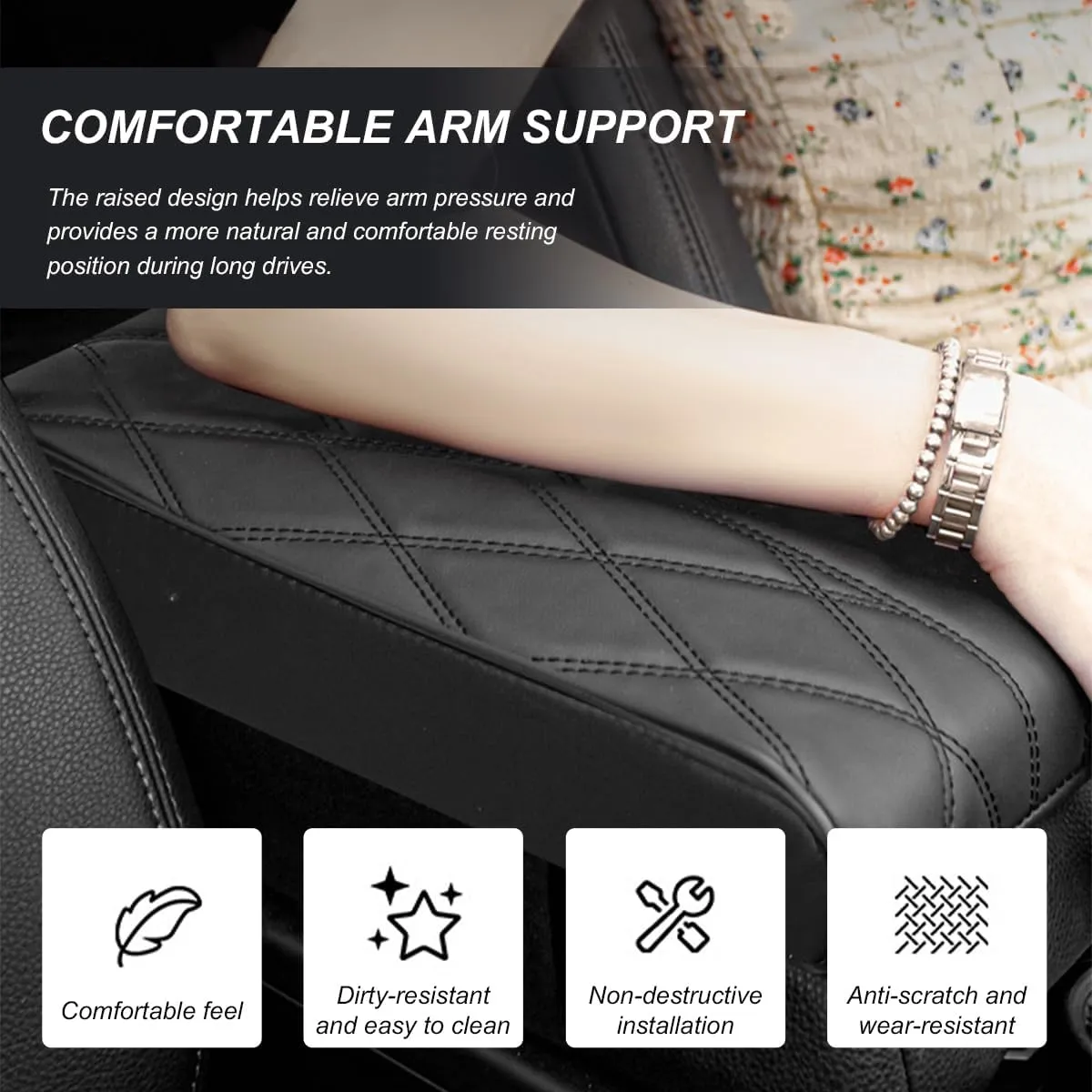 Car Center Console Box Booster Pad, 12.4"×8.5" Leather Memory Foam Console Arm Rest Cover Relieves Arm Fatigue, Non-Slip Diamond Lattice Car Armrest Pillow for Most Vehicle (Gray)
