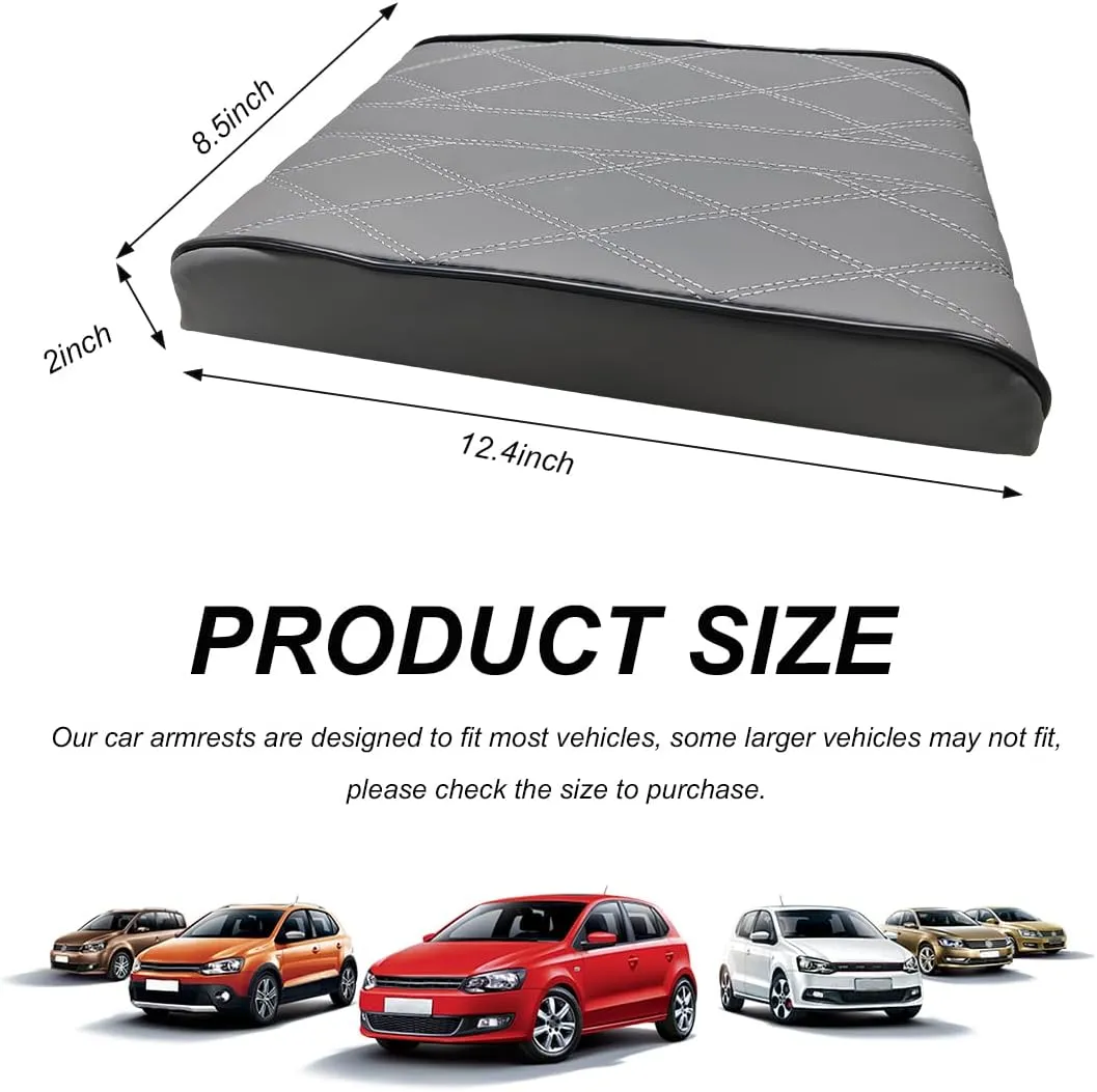 Car Center Console Box Booster Pad, 12.4"×8.5" Leather Memory Foam Console Arm Rest Cover Relieves Arm Fatigue, Non-Slip Diamond Lattice Car Armrest Pillow for Most Vehicle (Gray)