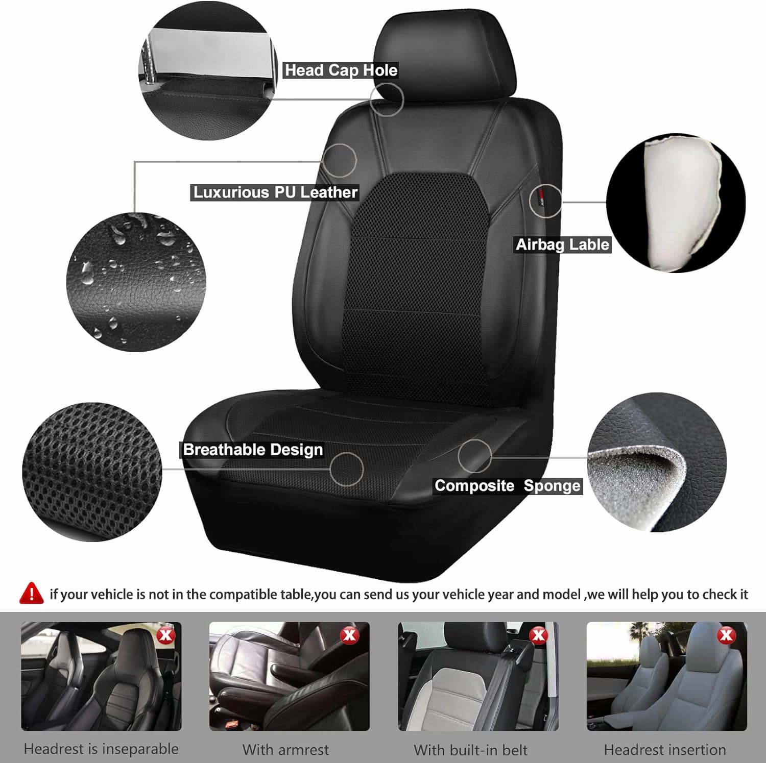 CAR PASS Leather and 3D Air Mesh Universal Fit Car Seat Covers, for Sedans,Trucks,Suvs,Airbag Compatible,Zipper Design and Reserved Opening Holes for Headrest(Full Set, Black and Black)