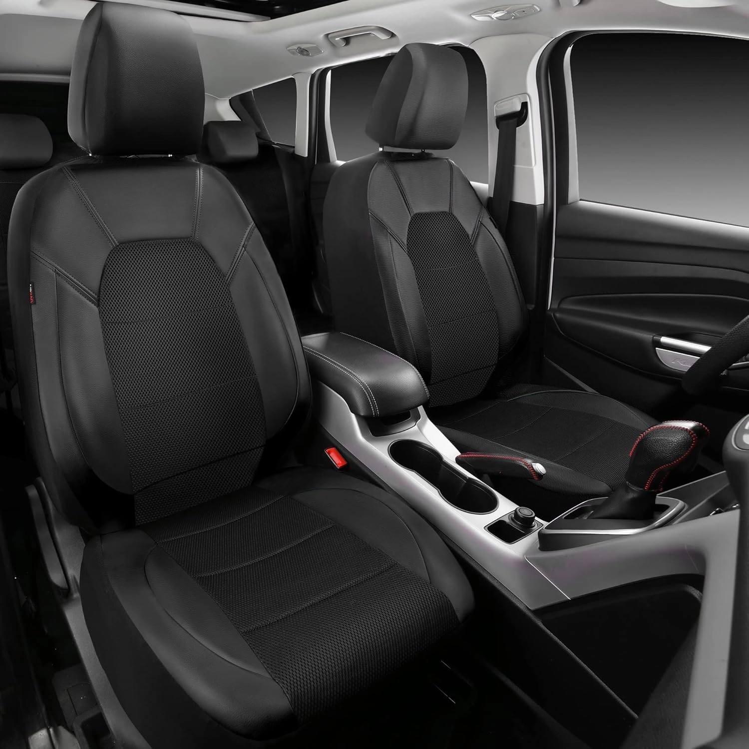 CAR PASS Leather and 3D Air Mesh Universal Fit Car Seat Covers, for Sedans,Trucks,Suvs,Airbag Compatible,Zipper Design and Reserved Opening Holes for Headrest(Full Set, Black and Black)