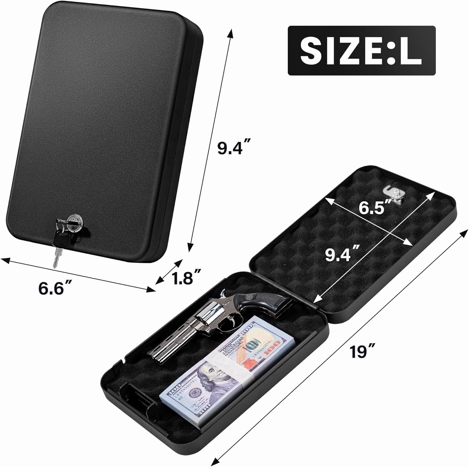 Car Portable Gun Safe for Handgun and Valuables, Pistol Safe, Handgun Lock Box for Car, 9.4" x6.6" x1.8",Black