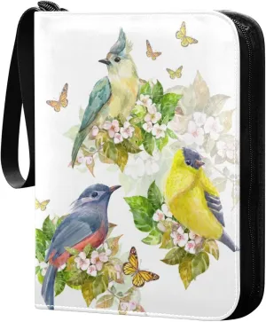 Card Binder 4 Pocket, Trading Card Binder Holder Fits 400 Cards with 50 Sleeves, Card Collection Binder Album Book Holder for Baseball Football Games Cards, Vintage Cute Birds Painting