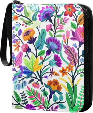 Card Binder Bright Colorful Flowers Leaves Trading Card Album with 50 Removable Sleeves Fits 400 Cards