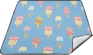 Cartoon Cute Blue Pink Ice Cream Waterproof Outdoor Picnic mat Water Resistant Outdoor Packable Picnic Blanket for Ground Concert Blanket Manta para Picnic Campo