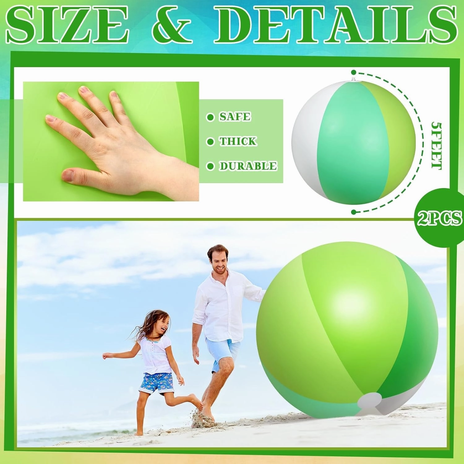 Ceenna 2 Pcs 60 Inch Giant Beach Ball Large Inflatable Pool Toy Balls Summer Swimming Toys Parties PVC Jumbo for Adults Summer Beach Pool Party Favor(Green,Fresh)