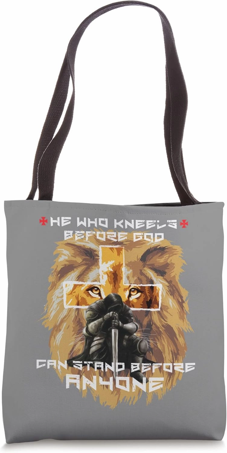Christian Prayer Warrior Lion Cross He Who Kneels Before God Tote Bag