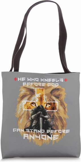 Christian Prayer Warrior Lion Cross He Who Kneels Before God Tote Bag