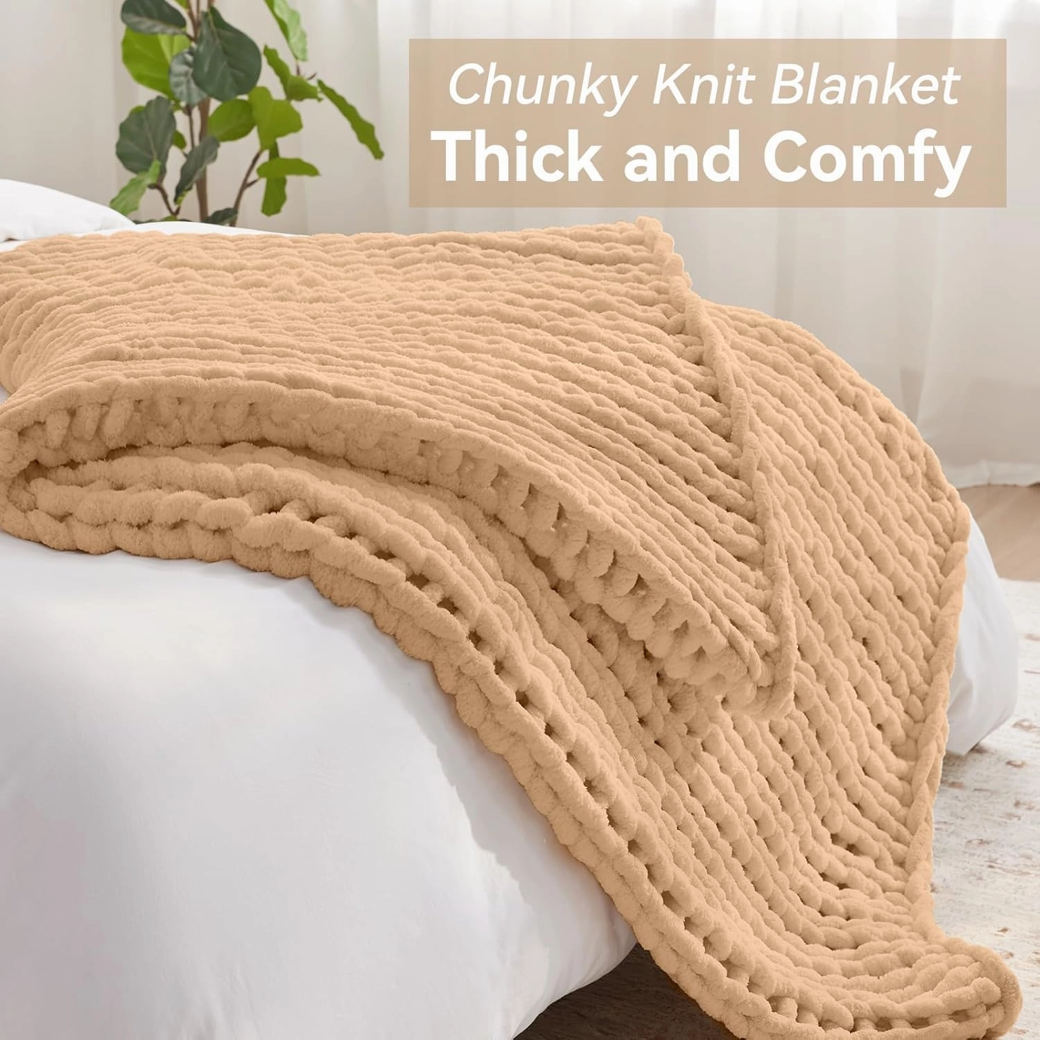 Chunky Knit Throw Blanket, 50''*60'', Beige Crochet Blanket, Machine Washable, Cute Comfy Home Decor