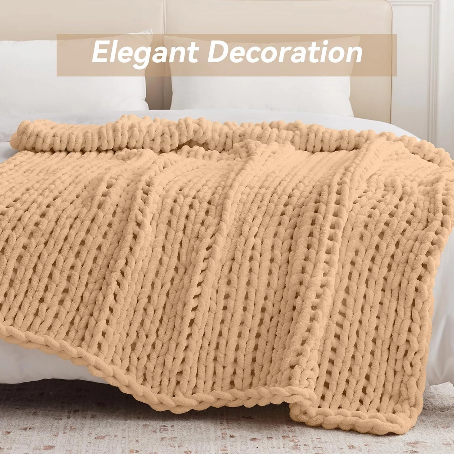 Chunky Knit Throw Blanket, 50''*60'', Beige Crochet Blanket, Machine Washable, Cute Comfy Home Decor