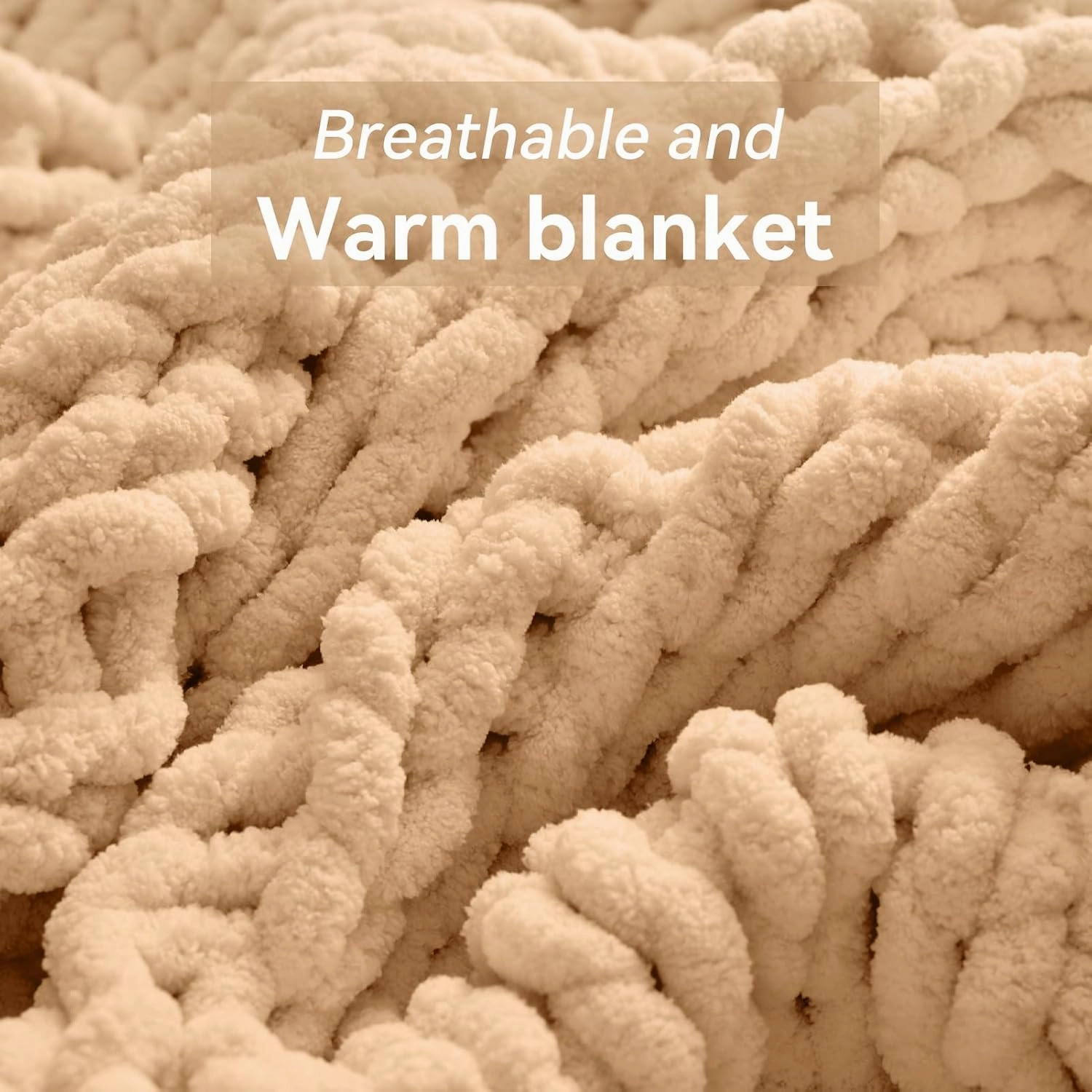 Chunky Knit Throw Blanket, 50''*60'', Beige Crochet Blanket, Machine Washable, Cute Comfy Home Decor