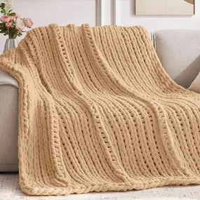 Chunky Knit Throw Blanket, 50''*60'', Beige Crochet Blanket, Machine Washable, Cute Comfy Home Decor