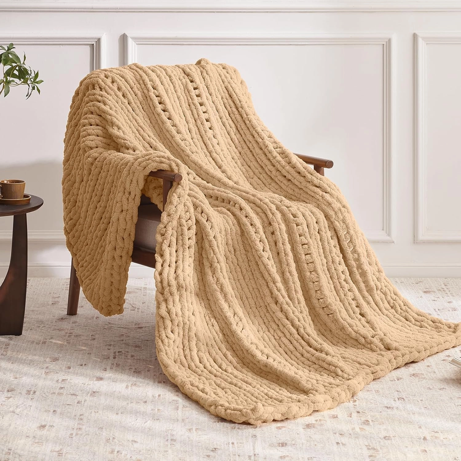 Chunky Knit Throw Blanket, 50''*60'', Beige Crochet Blanket, Machine Washable, Cute Comfy Home Decor