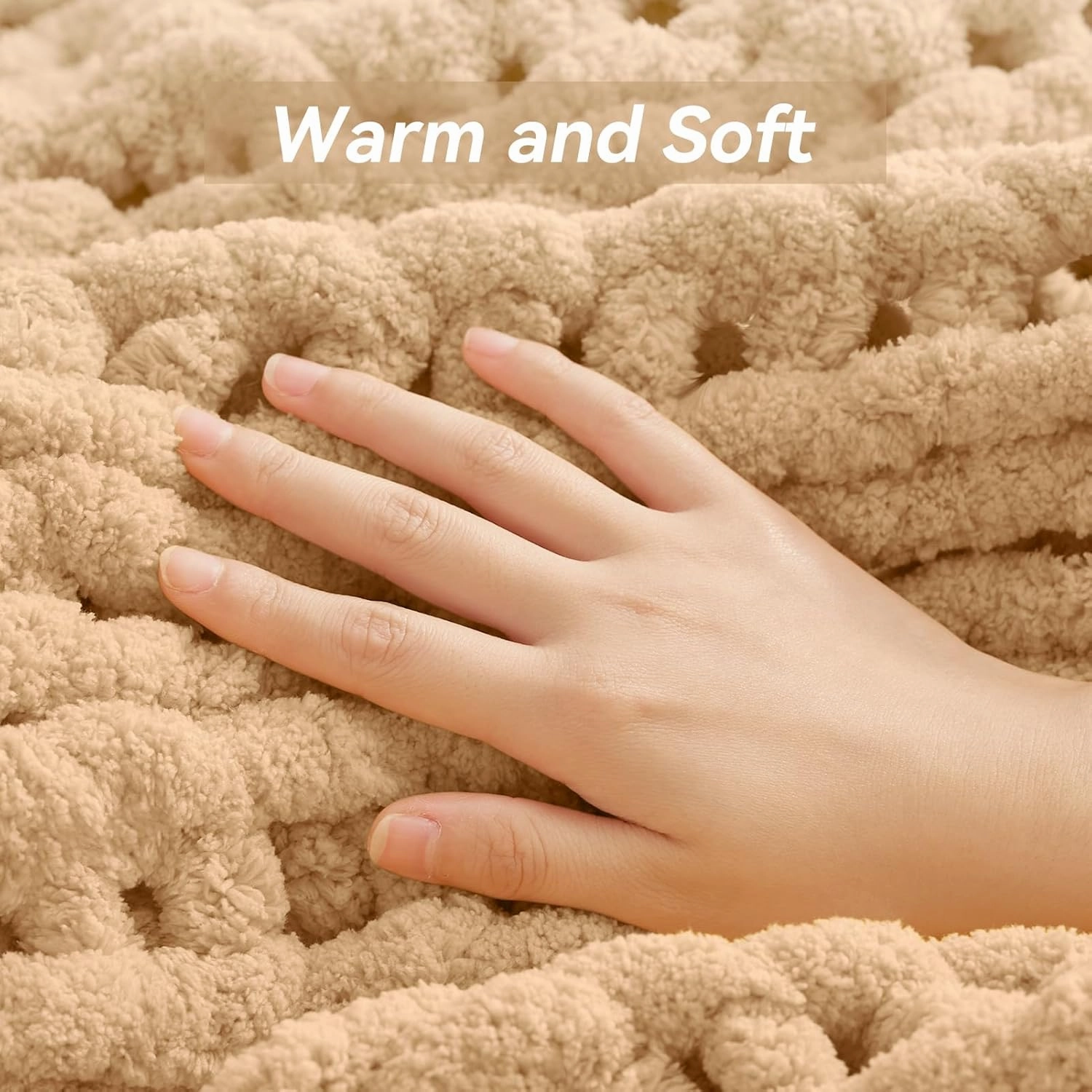 Chunky Knit Throw Blanket, 50''*60'', Beige Crochet Blanket, Machine Washable, Cute Comfy Home Decor