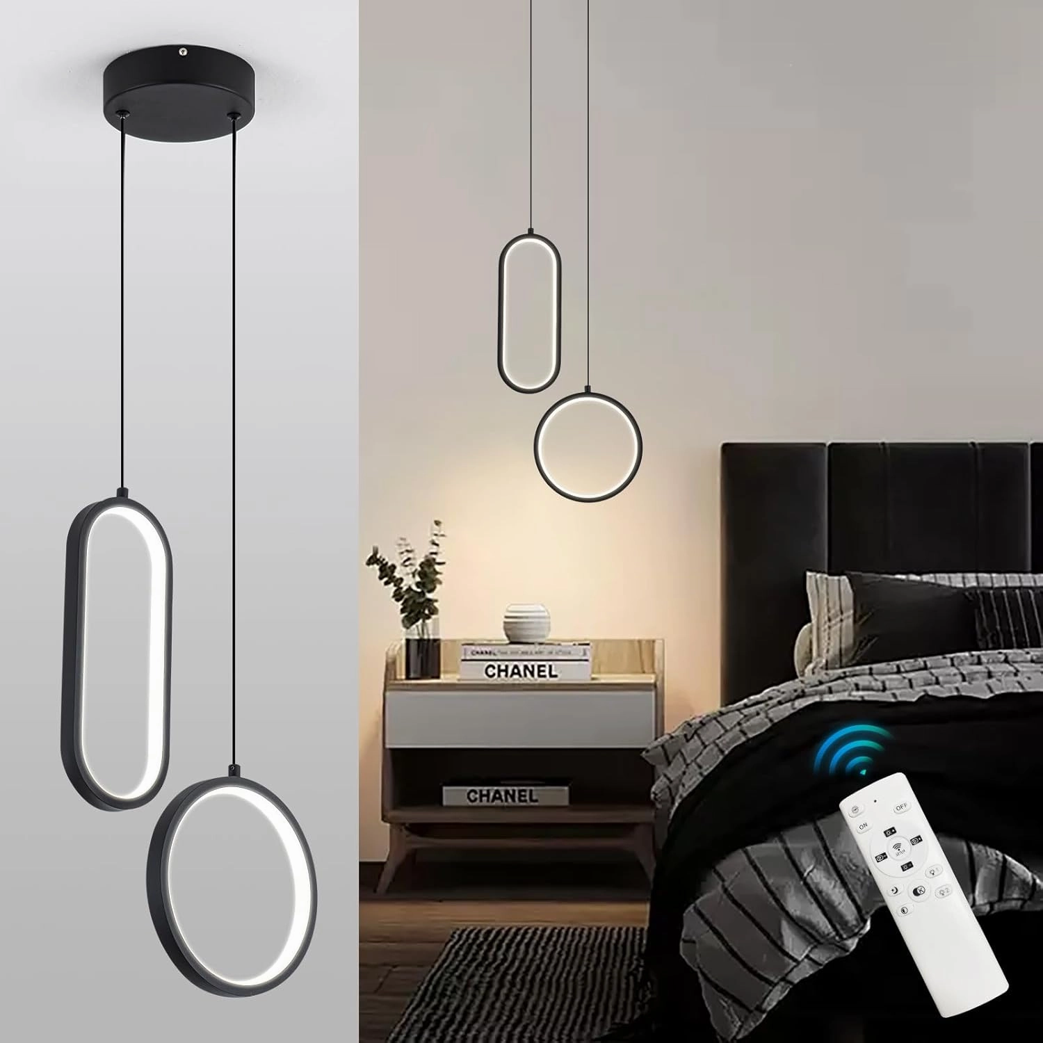 CHYING Modern Pendant Light Kitchen Island LED Pendant Lighting Dimmable Black Chandelier Circle Hanging Light for Bedroom Dining Room Living Room Kitchen Sink 3000K-6000K