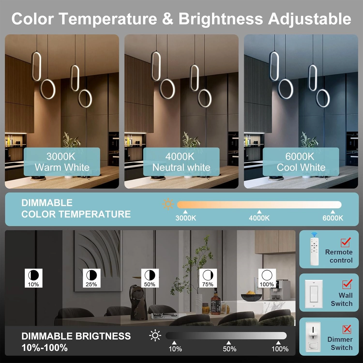 CHYING Modern Pendant Light Kitchen Island LED Pendant Lighting Dimmable Black Chandelier Circle Hanging Light for Bedroom Dining Room Living Room Kitchen Sink 3000K-6000K