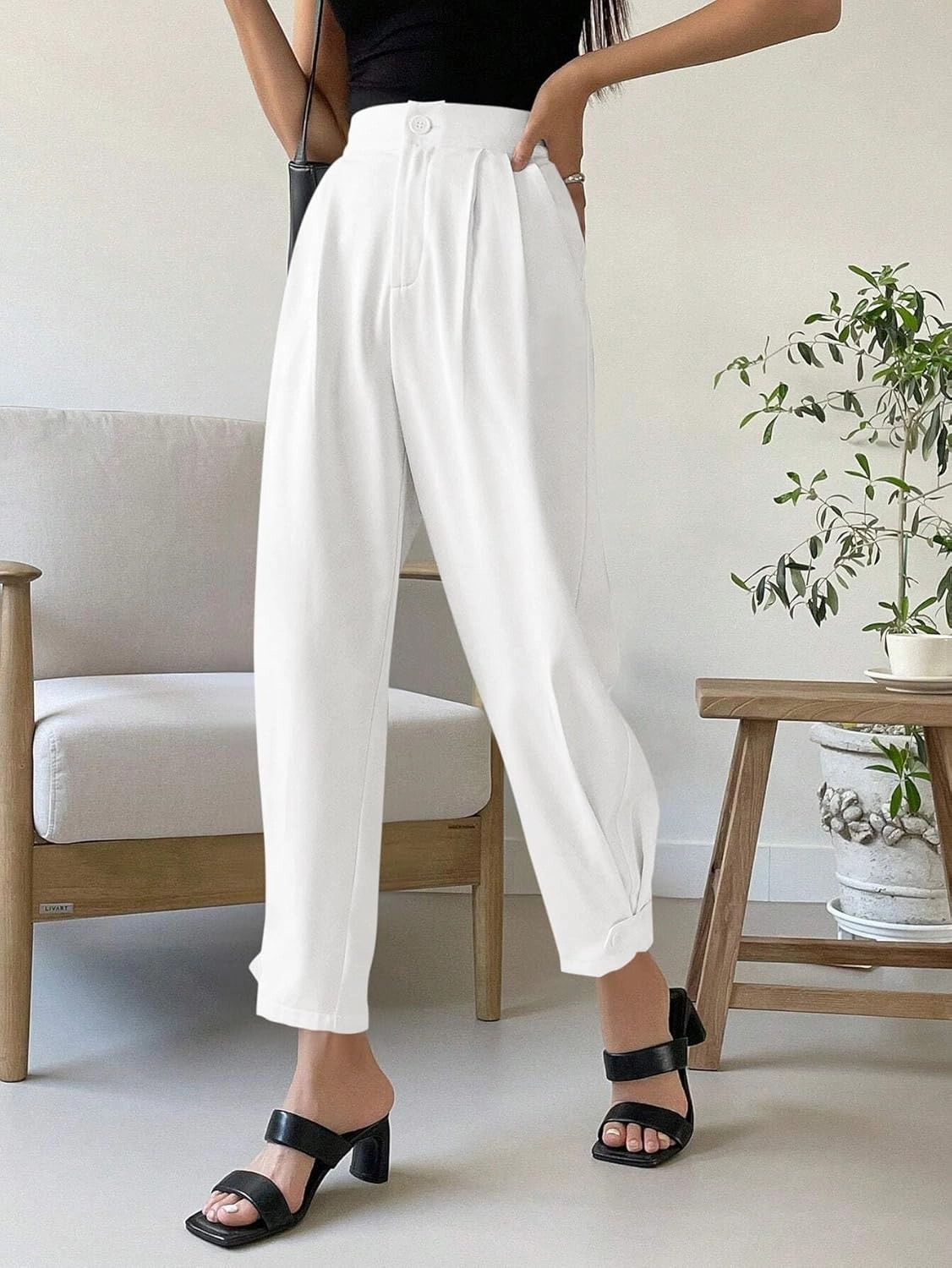 Cicy Bell Women Casual High Waisted Button Pencil Pants Work Office Straight Leg Dress Pants Fold Pleated Trousers
