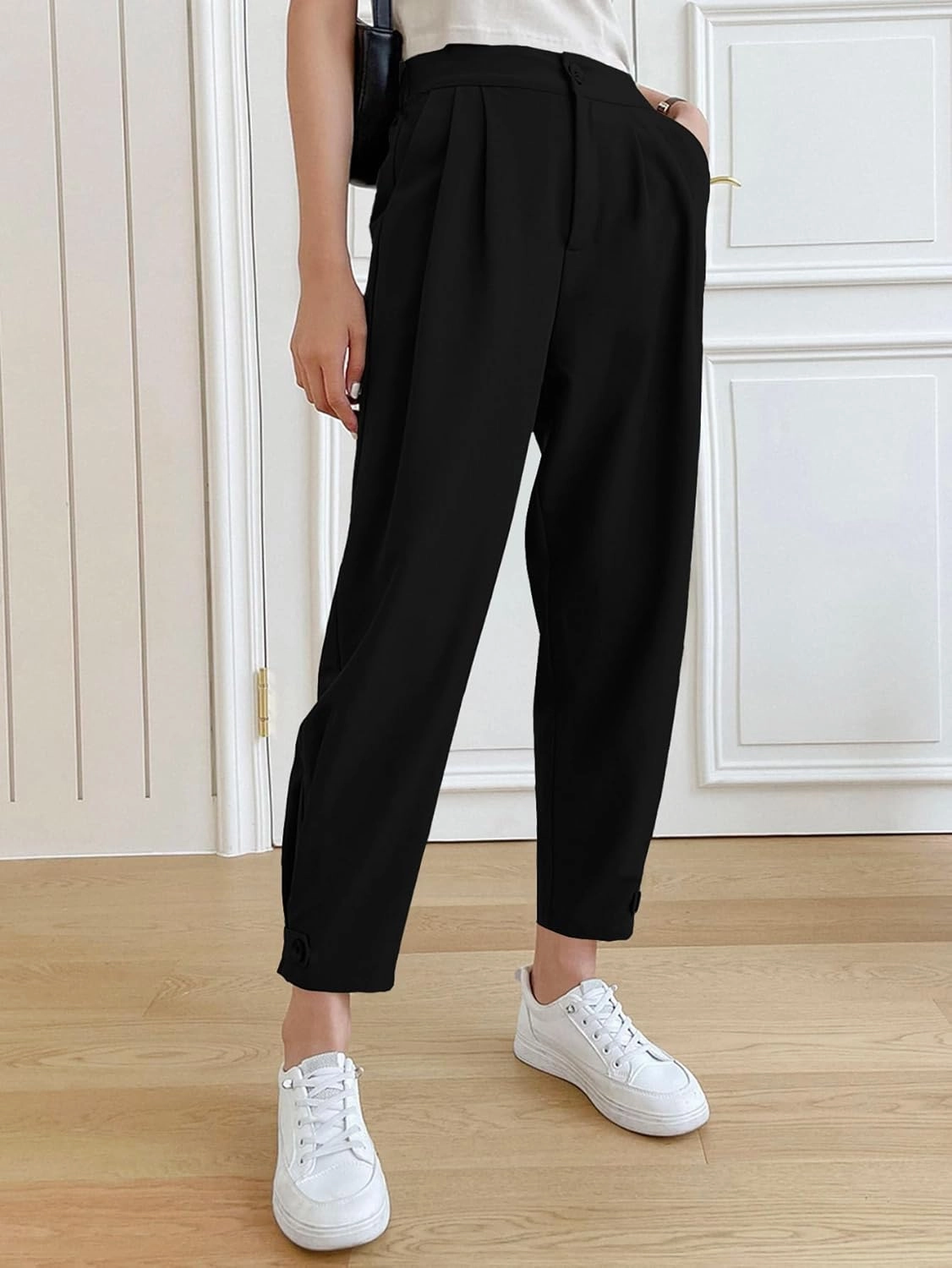 Cicy Bell Women Casual High Waisted Button Pencil Pants Work Office Straight Leg Dress Pants Fold Pleated Trousers