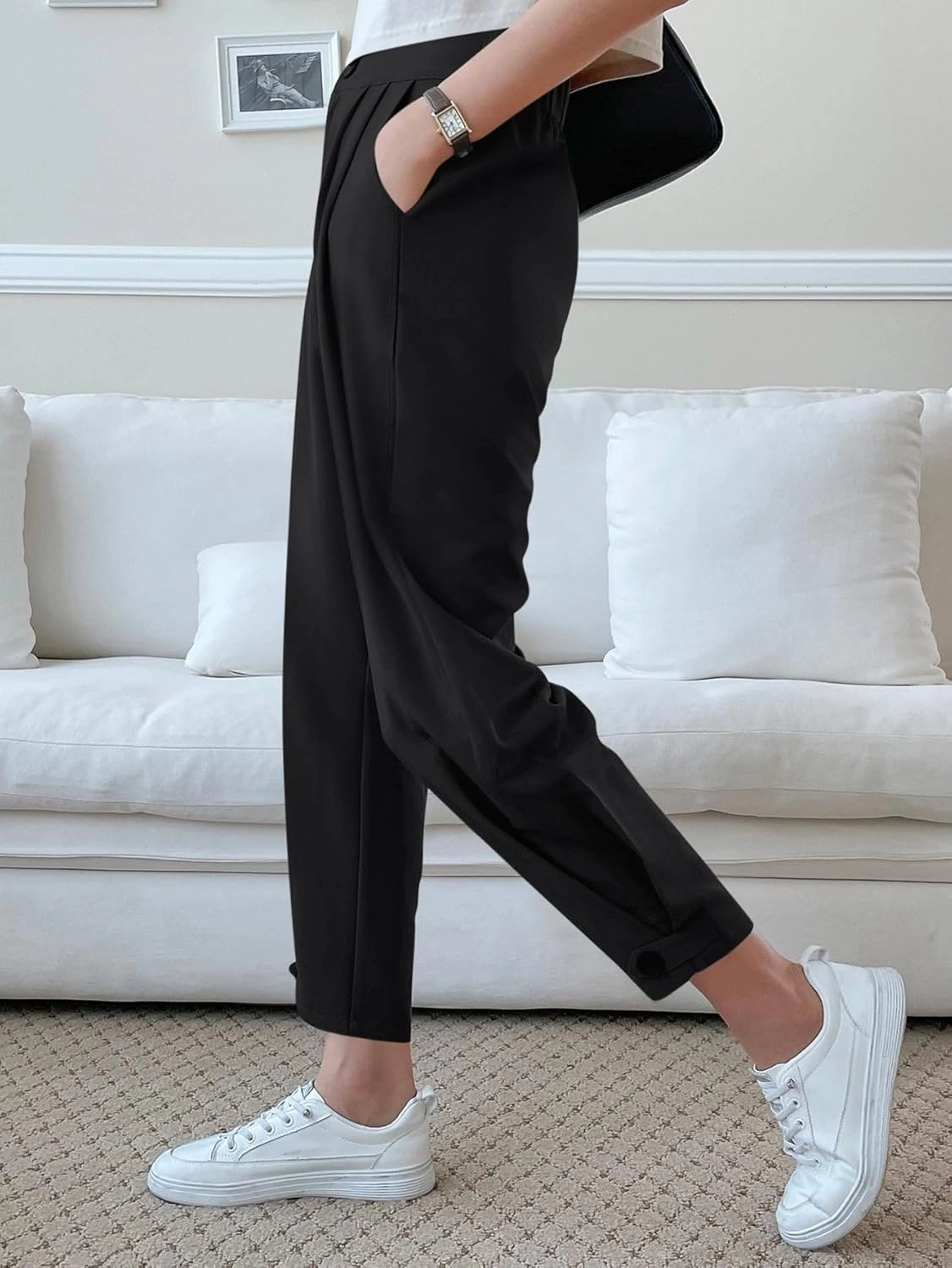 Cicy Bell Women Casual High Waisted Button Pencil Pants Work Office Straight Leg Dress Pants Fold Pleated Trousers