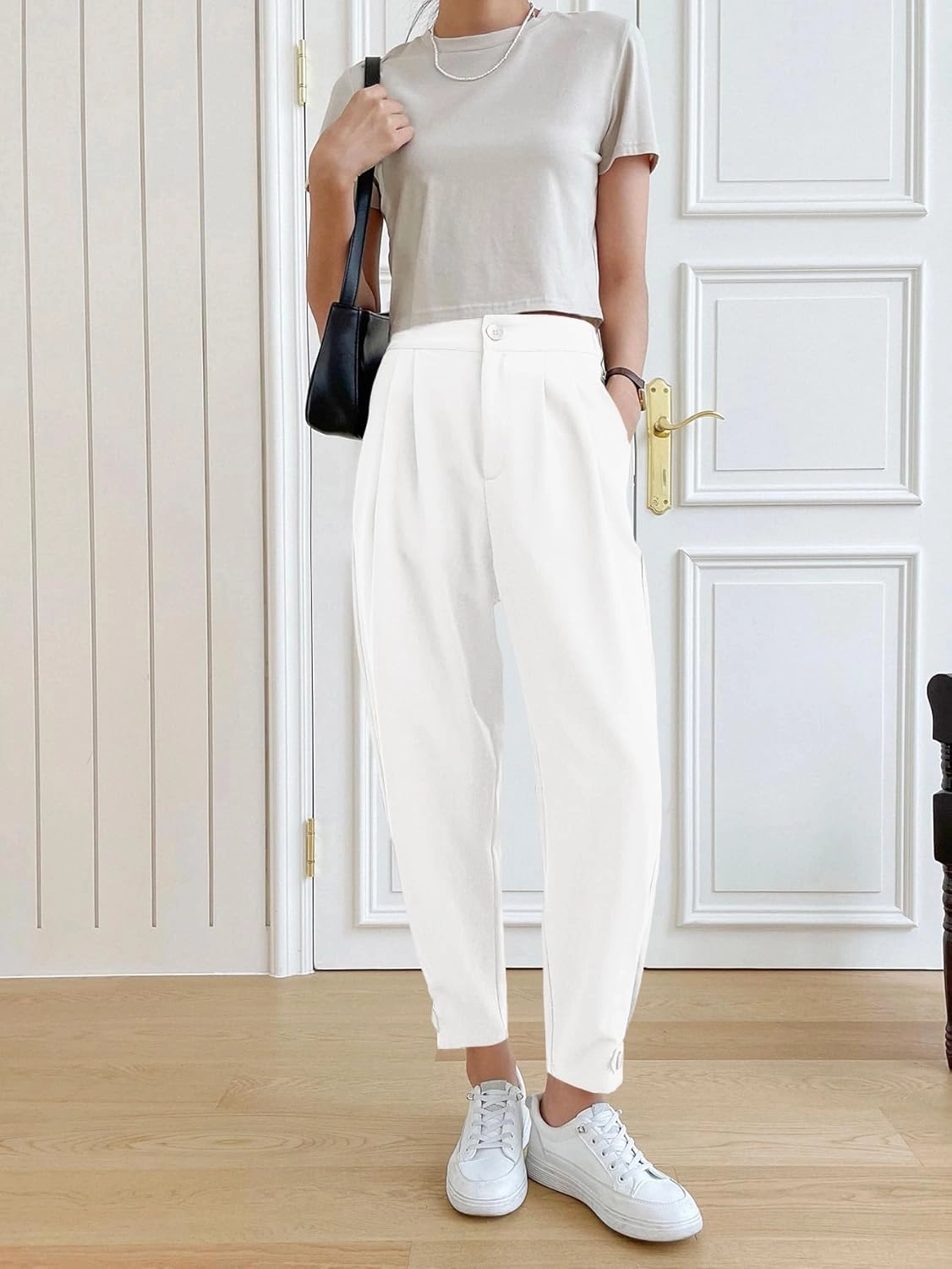 Cicy Bell Women Casual High Waisted Button Pencil Pants Work Office Straight Leg Dress Pants Fold Pleated Trousers
