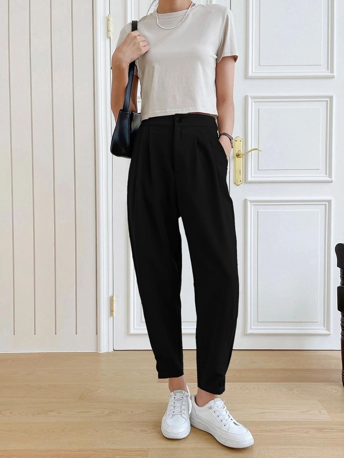 Cicy Bell Women Casual High Waisted Button Pencil Pants Work Office Straight Leg Dress Pants Fold Pleated Trousers