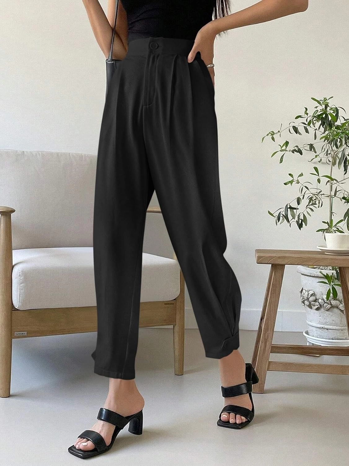 Cicy Bell Women Casual High Waisted Button Pencil Pants Work Office Straight Leg Dress Pants Fold Pleated Trousers