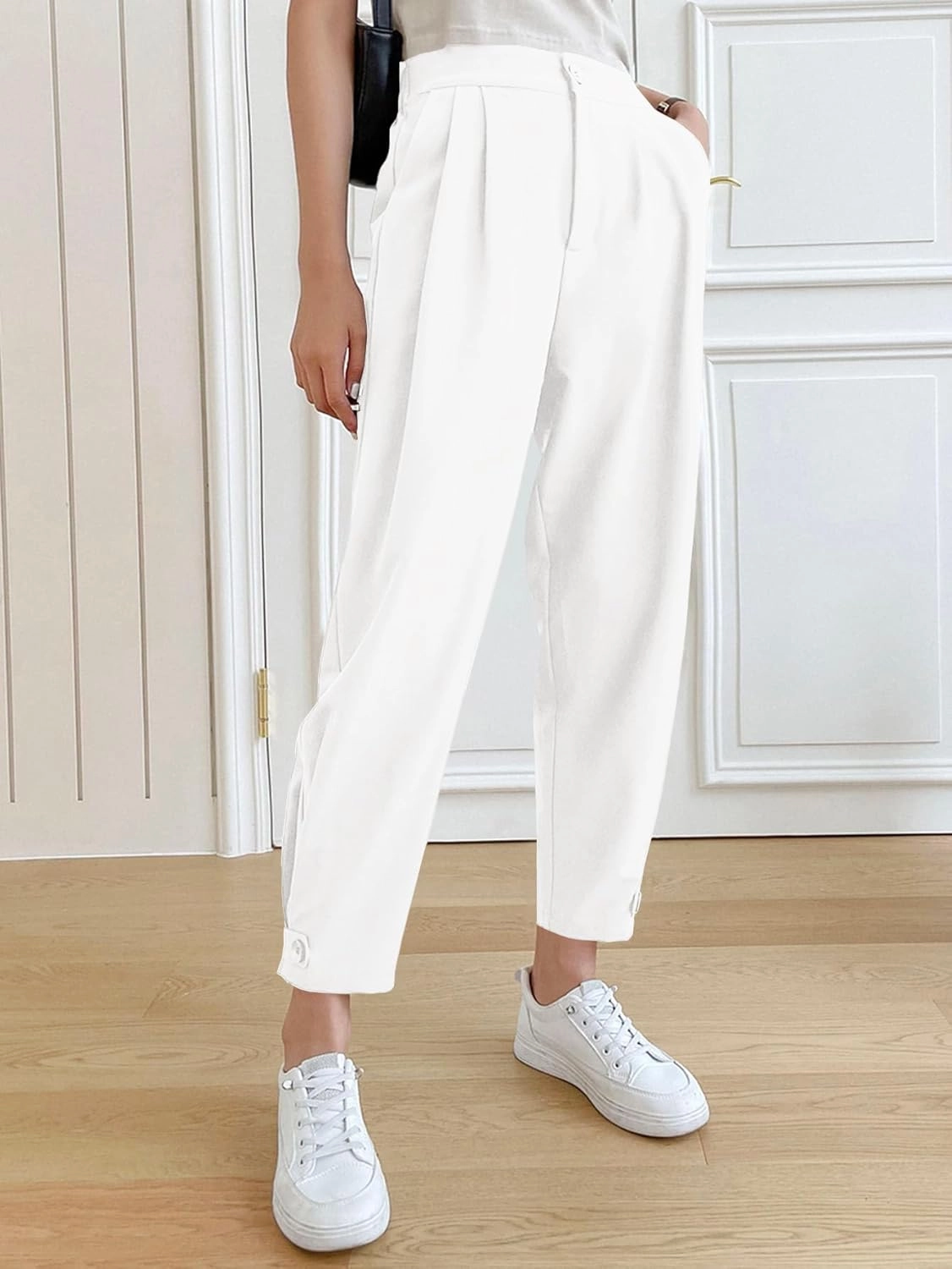 Cicy Bell Women Casual High Waisted Button Pencil Pants Work Office Straight Leg Dress Pants Fold Pleated Trousers