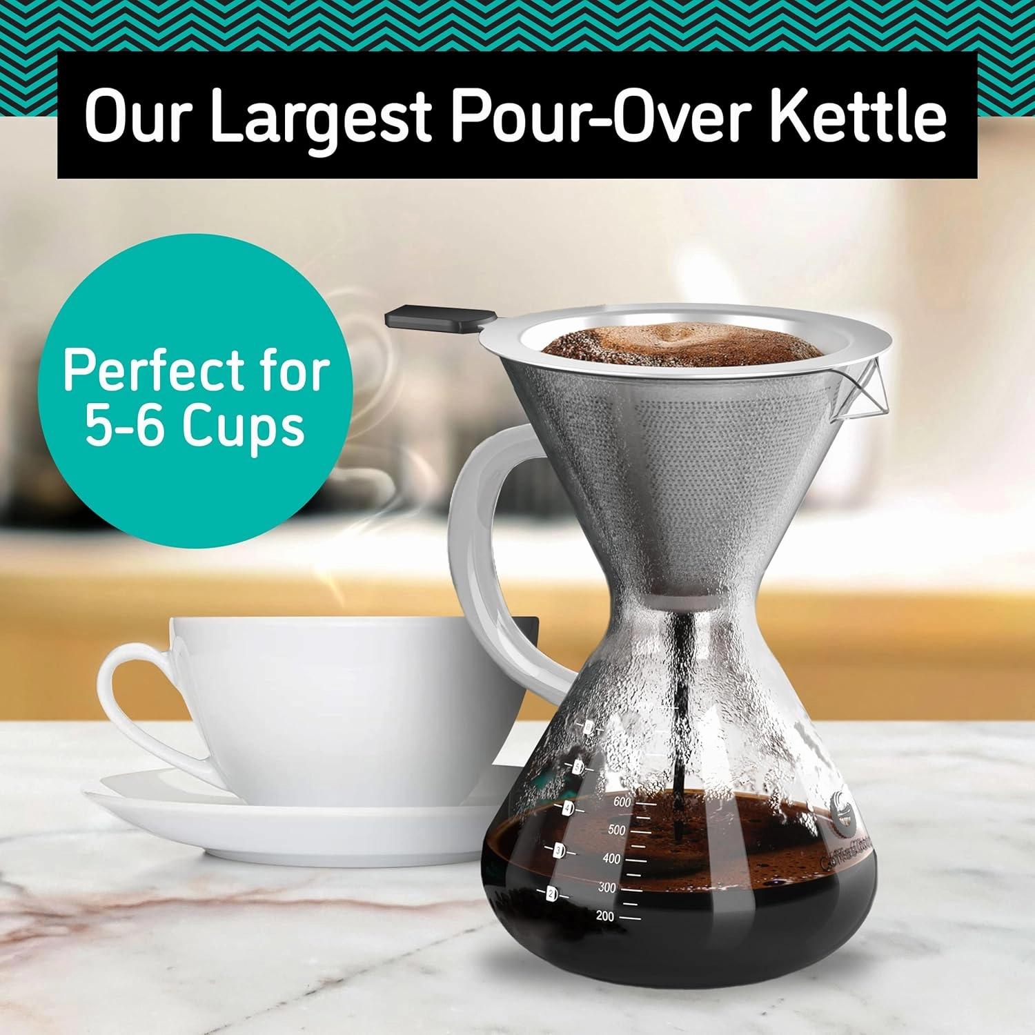 Coffee Gator Pour Over Coffee Maker - 27oz High Heat Borosilicate Glass with Reusable Stainless Steel Filter, Drip Coffee Brewer Dripper Set Carafe, 800ml Clear
