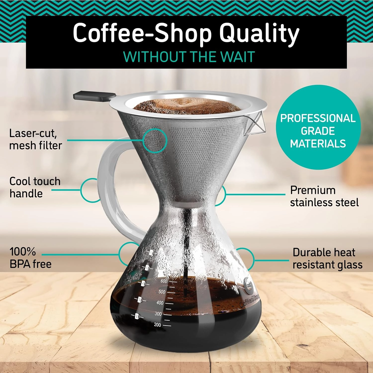 Coffee Gator Pour Over Coffee Maker - 27oz High Heat Borosilicate Glass with Reusable Stainless Steel Filter, Drip Coffee Brewer Dripper Set Carafe, 800ml Clear